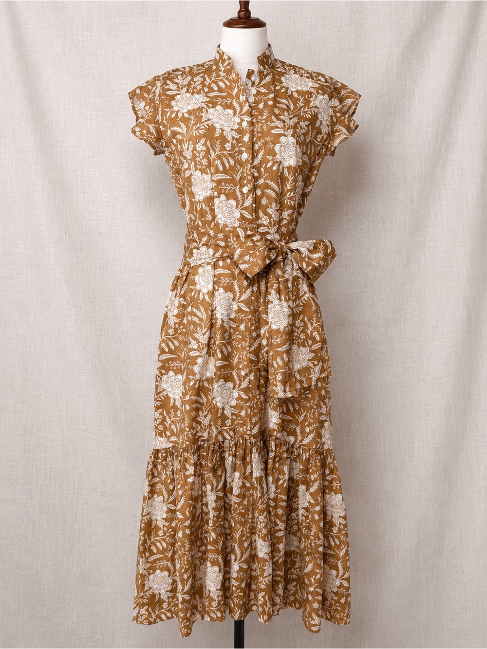 Darlington Isle Ginger Floral Cotton Maxi Dress Brown Cream Size XS